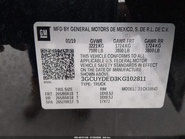 3GCUYDED3KG102811 Chevrolet Silverado 1500 Lt