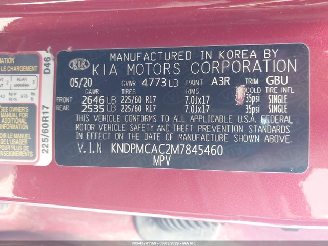 2021 Kia Sportage Lx მანქანა იყიდება აუქციონზე, vin: KNDPMCAC2M7845460, აუქციონის ნომერი: 45741159