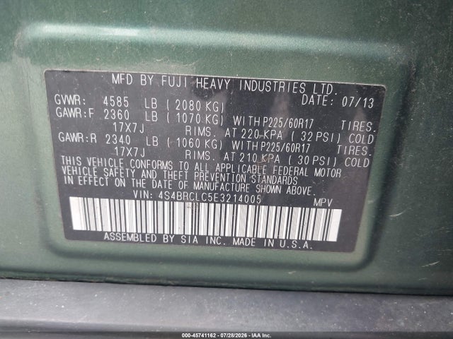 Aukcja sprzedaży 2014 Subaru Outback 2.5i Limited, vin: 4S4BRCLC5E3214005, numer aukcji: 45741162