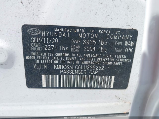 Aukcja sprzedaży 2020 Hyundai Ioniq Hybrid Blue, vin: KMHC65LC6LU235252, numer aukcji: 45741167