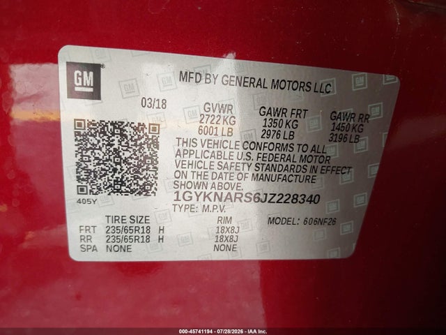Продаж на аукціоні авто 2018 Cadillac Xt5 Standard, vin: 1GYKNARS6JZ228340, номер лоту: 45741194
