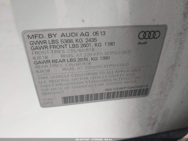 Продажа на аукционе авто 2013 Audi Q5 2.0t Premium, vin: WA1CFAFP7DA095818, номер лота: 45741207