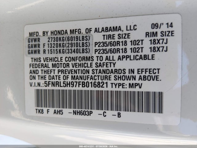Aukcja sprzedaży 2015 Honda Odyssey Touring/touring Elite, vin: 5FNRL5H97FB016821, numer aukcji: 45741231