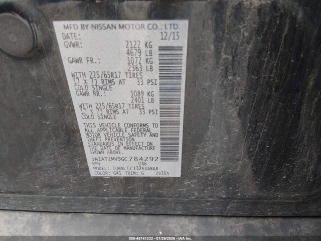 2016 Nissan Rogue Sv მანქანა იყიდება აუქციონზე, vin: 5N1AT2MV9GC784292, აუქციონის ნომერი: 45741232