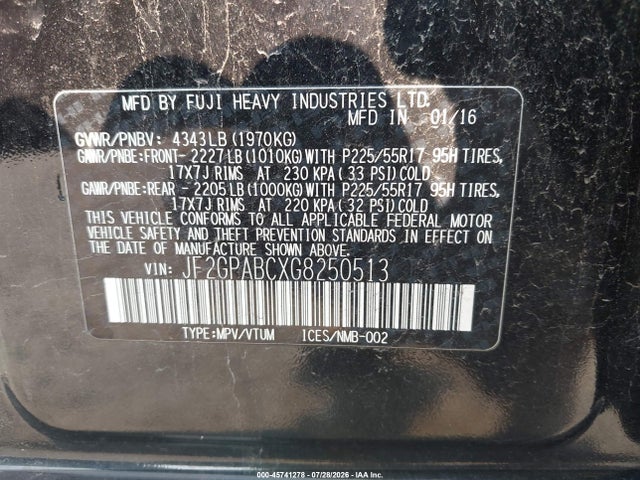 Aukcja sprzedaży 2016 Subaru Crosstrek 2.0i Premium, vin: JF2GPABCXG8250513, numer aukcji: 45741278