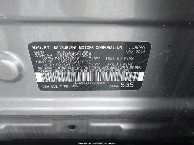 Продаж на аукціоні авто 2019 Mitsubishi Eclipse Cross Es, vin: JA4AS3AA7KZ024327, номер лоту: 45741311