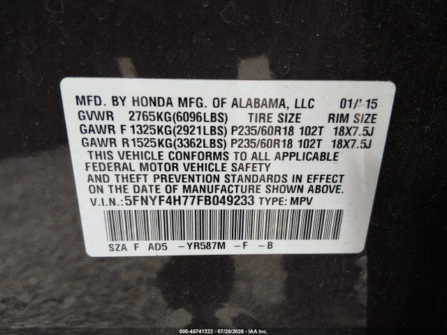 Honda Pilot Ex-l 2015 5FNYF4H77FB049233 Image 9