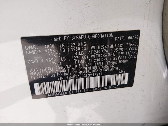 2020 Subaru Outback Premium მანქანა იყიდება აუქციონზე, vin: 4S4BTAEC3L3217341, აუქციონის ნომერი: 45741331