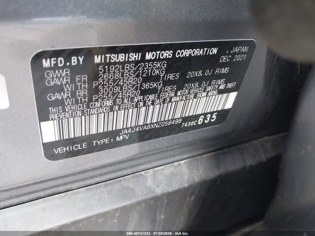 2022 Mitsubishi Outlander Sel 2.5 S-awc მანქანა იყიდება აუქციონზე, vin: JA4J4VA8XNZ056499, აუქციონის ნომერი: 45741333