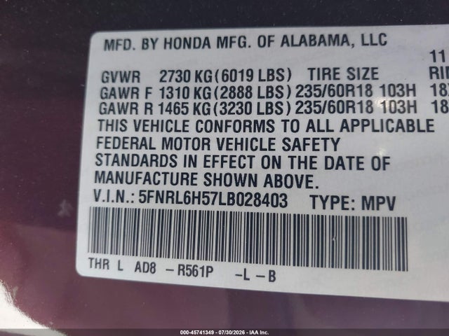 Aukcja sprzedaży 2020 Honda Odyssey Ex, vin: 5FNRL6H57LB028403, numer aukcji: 45741349