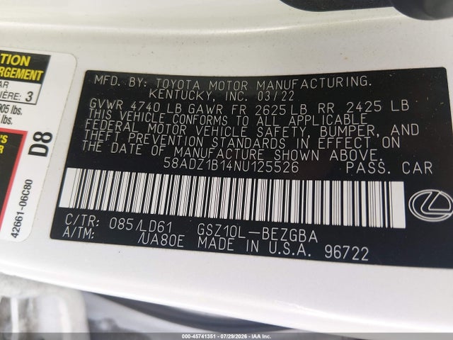 Продаж на аукціоні авто 2022 Lexus Es 350, vin: 58ADZ1B14NU125526, номер лоту: 45741351