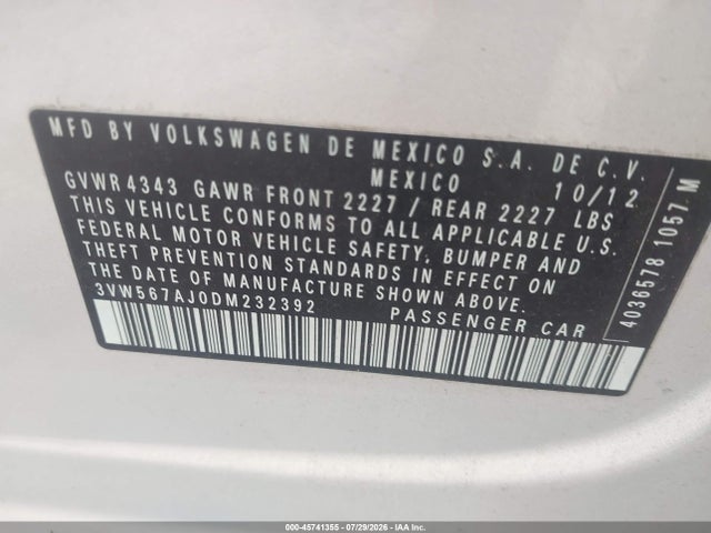 45741355 :رقم المزاد ، 3VW567AJ0DM232392 vin ، 2013 Volkswagen Jetta Gli Autobahn مزاد بيع