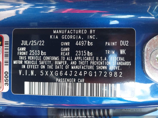 Auction sale of the 2023 Kia K5 Gt-line, vin: 5XXG64J24PG172982, lot number: 45741374