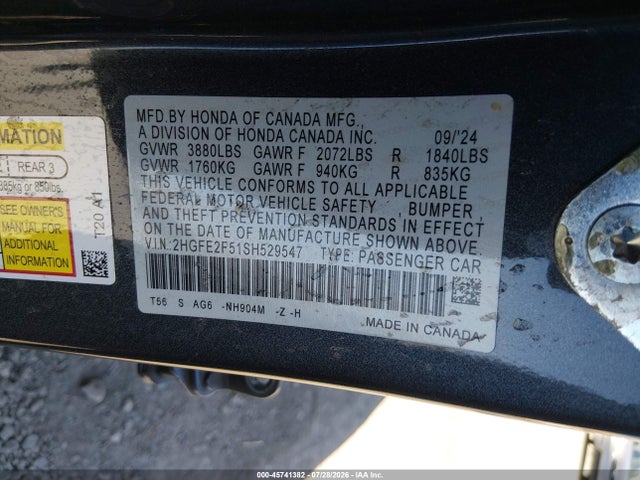 Honda Civic Sport 2025 2HGFE2F51SH529547 Image 9