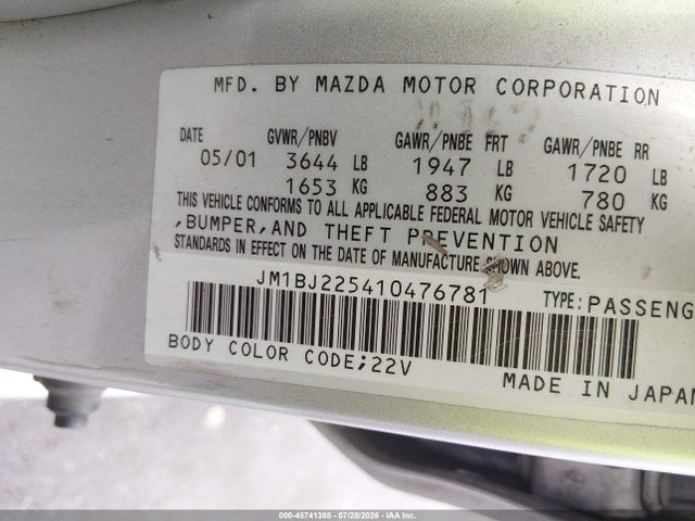 45741385 :رقم المزاد ، JM1BJ225410476781 vin ، 2001 Mazda Protege Es/lx مزاد بيع