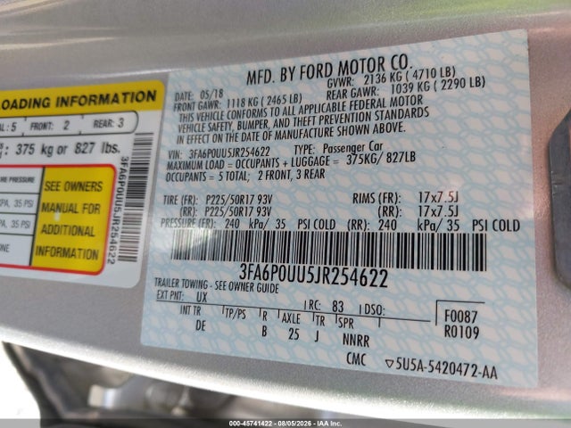 Продаж на аукціоні авто 2018 Ford Fusion Hybrid S, vin: 3FA6P0UU5JR254622, номер лоту: 45741422