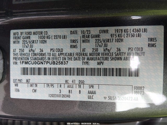 Продаж на аукціоні авто 2023 Ford Escape Active, vin: 1FMCU0GN7PUB25837, номер лоту: 45741423