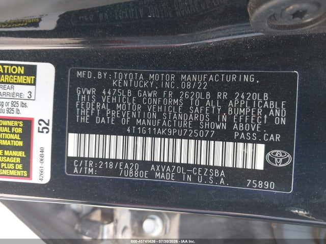 Продаж на аукціоні авто 2023 Toyota Camry Se, vin: 4T1G11AK9PU725077, номер лоту: 45741426