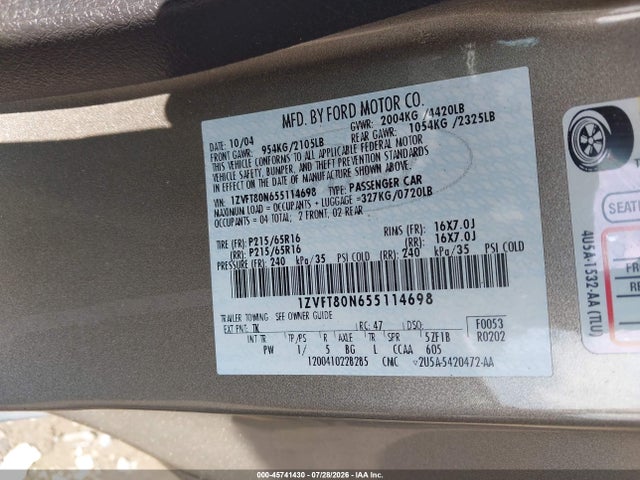 Продаж на аукціоні авто 2005 Ford Mustang V6 Deluxe/v6 Premium, vin: 1ZVFT80N655114698, номер лоту: 45741430