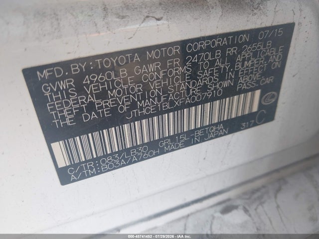 45741452 :رقم المزاد ، JTHCE1BLXFA007910 vin ، 2015 Lexus Gs 350 مزاد بيع