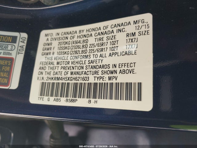 Honda CR-V EX 2016 2HKRM4H5XGH621603 Image 9
