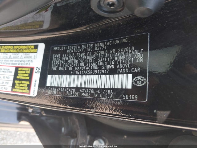 2024 Toyota Camry Se მანქანა იყიდება აუქციონზე, vin: 4T1G11AK5RU912917, აუქციონის ნომერი: 45741460