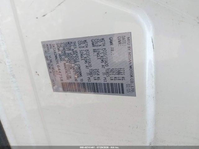 2015 Nissan Pathfinder Platinum მანქანა იყიდება აუქციონზე, vin: 5N1AR2MN2FC644758, აუქციონის ნომერი: 45741461
