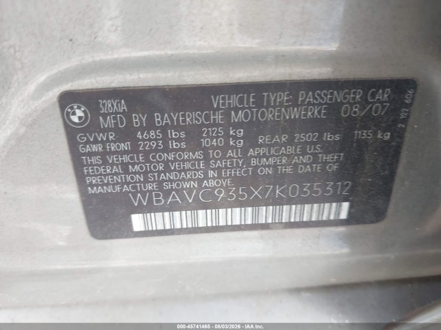 Aukcja sprzedaży 2007 Bmw 328xi, vin: WBAVC935X7K035312, numer aukcji: 45741465