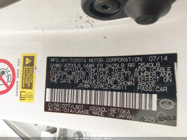 Aukcja sprzedaży 2014 Lexus Es 350, vin: JTHBK1GG9E2145611, numer aukcji: 45741481