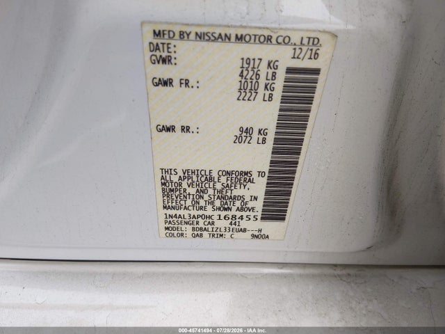 Aukcja sprzedaży 2017 Nissan Altima 2.5 Sv, vin: 1N4AL3AP0HC168455, numer aukcji: 45741494