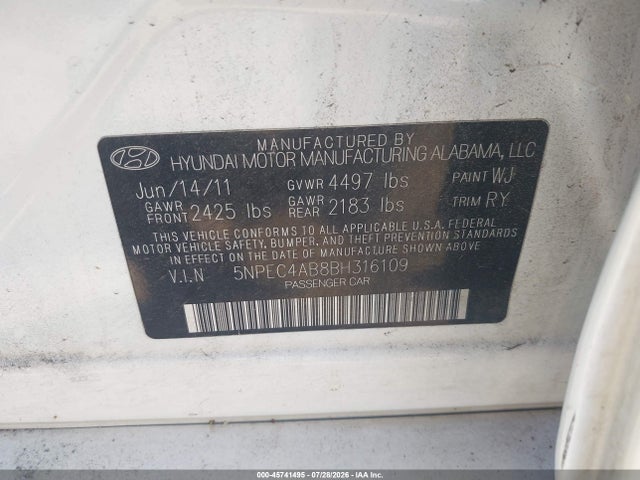 Aukcja sprzedaży 2011 Hyundai Sonata Se 2.0t, vin: 5NPEC4AB8BH316109, numer aukcji: 45741495