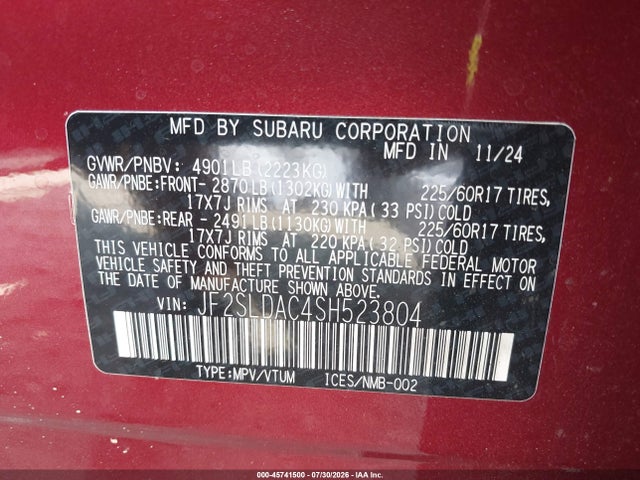 Продажа на аукционе авто 2025 Subaru Forester, vin: JF2SLDAC4SH523804, номер лота: 45741500