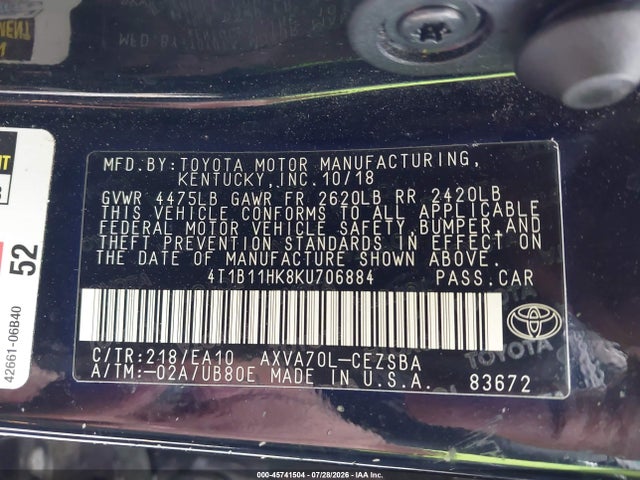 2019 Toyota Camry Se მანქანა იყიდება აუქციონზე, vin: 4T1B11HK8KU706884, აუქციონის ნომერი: 45741504