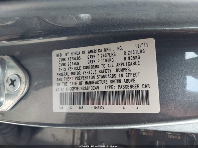Aukcja sprzedaży 2012 Honda Accord 3.5 Ex, vin: 1HGCP3F74CA013249, numer aukcji: 45741515