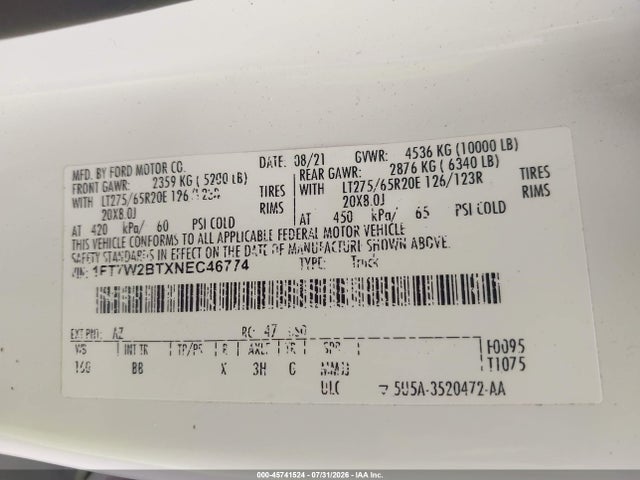 Aukcja sprzedaży 2022 Ford F-250 Platinum, vin: 1FT7W2BTXNEC46774, numer aukcji: 45741524
