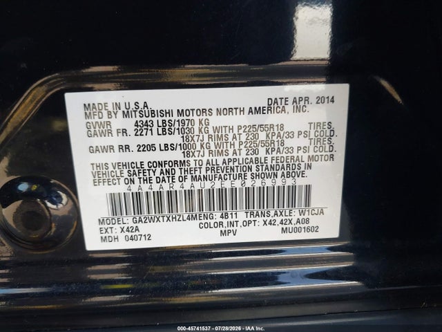 2014 Mitsubishi Outlander Sport Se მანქანა იყიდება აუქციონზე, vin: 4A4AR4AU2EE026993, აუქციონის ნომერი: 45741537