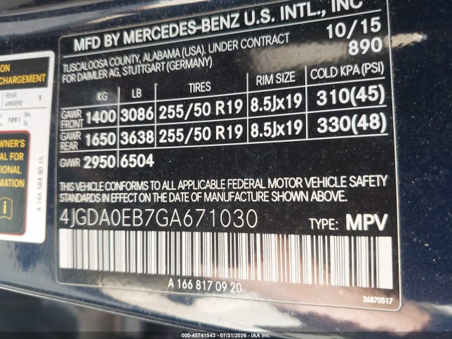 45741543 :رقم المزاد ، 4JGDA0EB7GA671030 vin ، 2016 Mercedes-benz Gle 300d 4matic مزاد بيع