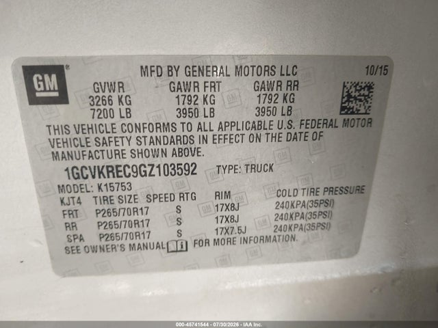 Продажа на аукционе авто 2016 Chevrolet Silverado 1500 Lt, vin: 1GCVKREC9GZ103592, номер лота: 45741544