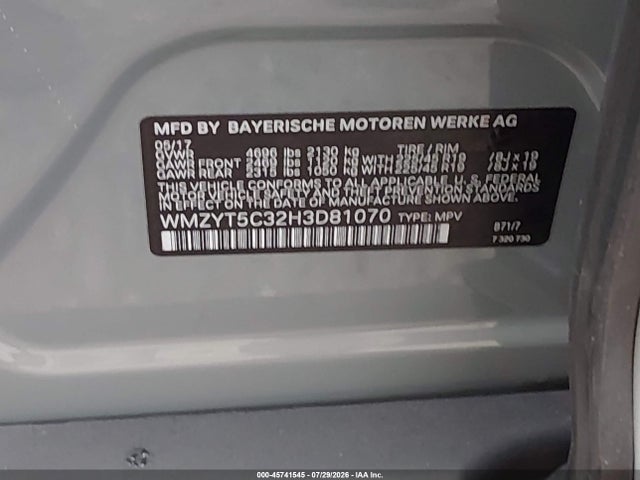 45741545 :رقم المزاد ، WMZYT5C32H3D81070 vin ، 2017 Mini Countryman Cooper S مزاد بيع