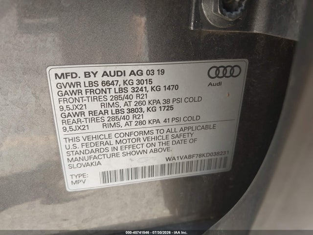 Продаж на аукціоні авто 2019 Audi Q7 55 Premium, vin: WA1VABF78KD038231, номер лоту: 45741546