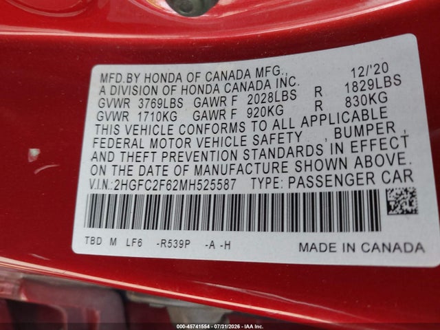 2021 Honda Civic Lx მანქანა იყიდება აუქციონზე, vin: 2HGFC2F62MH525587, აუქციონის ნომერი: 45741554