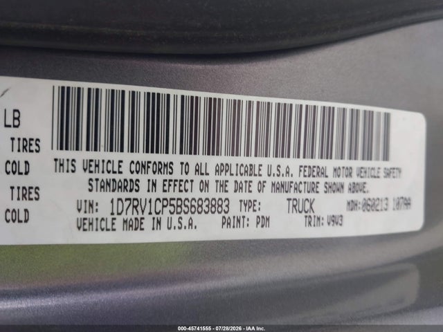 2011 Ram Ram 1500 St მანქანა იყიდება აუქციონზე, vin: 1D7RV1CP5BS683883, აუქციონის ნომერი: 45741555