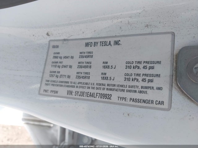 5YJ3E1EA4LF709932 Tesla Model 3 Standard Range Plus Rear-wheel Drive/standard Range Rear-wheel Drive