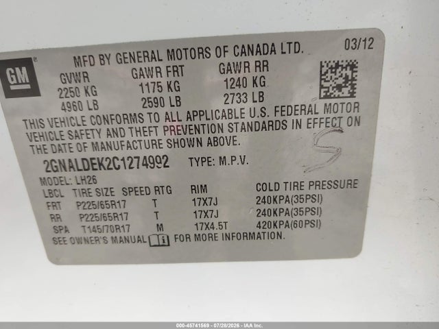 Продаж на аукціоні авто 2012 Chevrolet Equinox 1lt, vin: 2GNALDEK2C1274992, номер лоту: 45741569