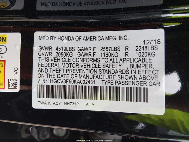 Aukcja sprzedaży 2019 Honda Accord Hybrid Ex-l, vin: 1HGCV3F50KA002431, numer aukcji: 45741576