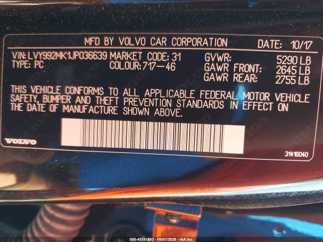 Продаж на аукціоні авто 2018 Volvo S90 T6 Momentum, vin: LVY992MK1JP036639, номер лоту: 45741583