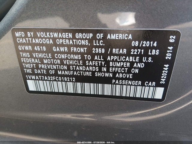 45741590 :رقم المزاد ، 1VWAT7A32FC018212 vin ، 2015 Volkswagen Passat 1.8t Wolfsburg Edition مزاد بيع