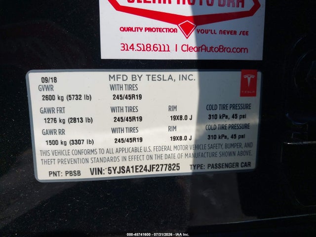 Продажа на аукционе авто 2018 Tesla Model S 100d/75d/p100d, vin: 5YJSA1E24JF277825, номер лота: 45741600