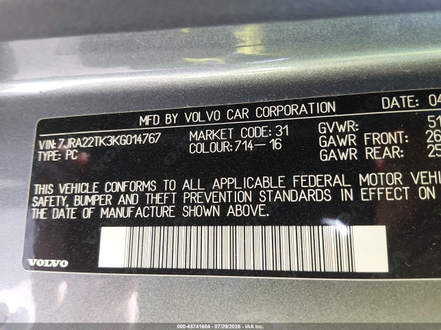 Aukcja sprzedaży 2019 Volvo S60 T6 Momentum, vin: 7JRA22TK3KG014767, numer aukcji: 45741604