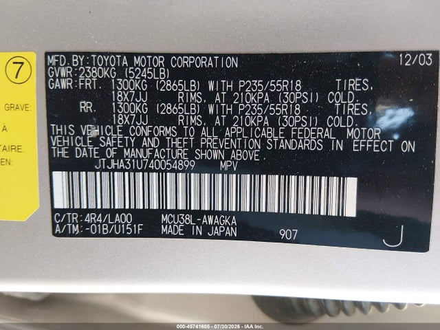 Aukcja sprzedaży 2004 Lexus Rx 330, vin: JTJHA31U740054899, numer aukcji: 45741605